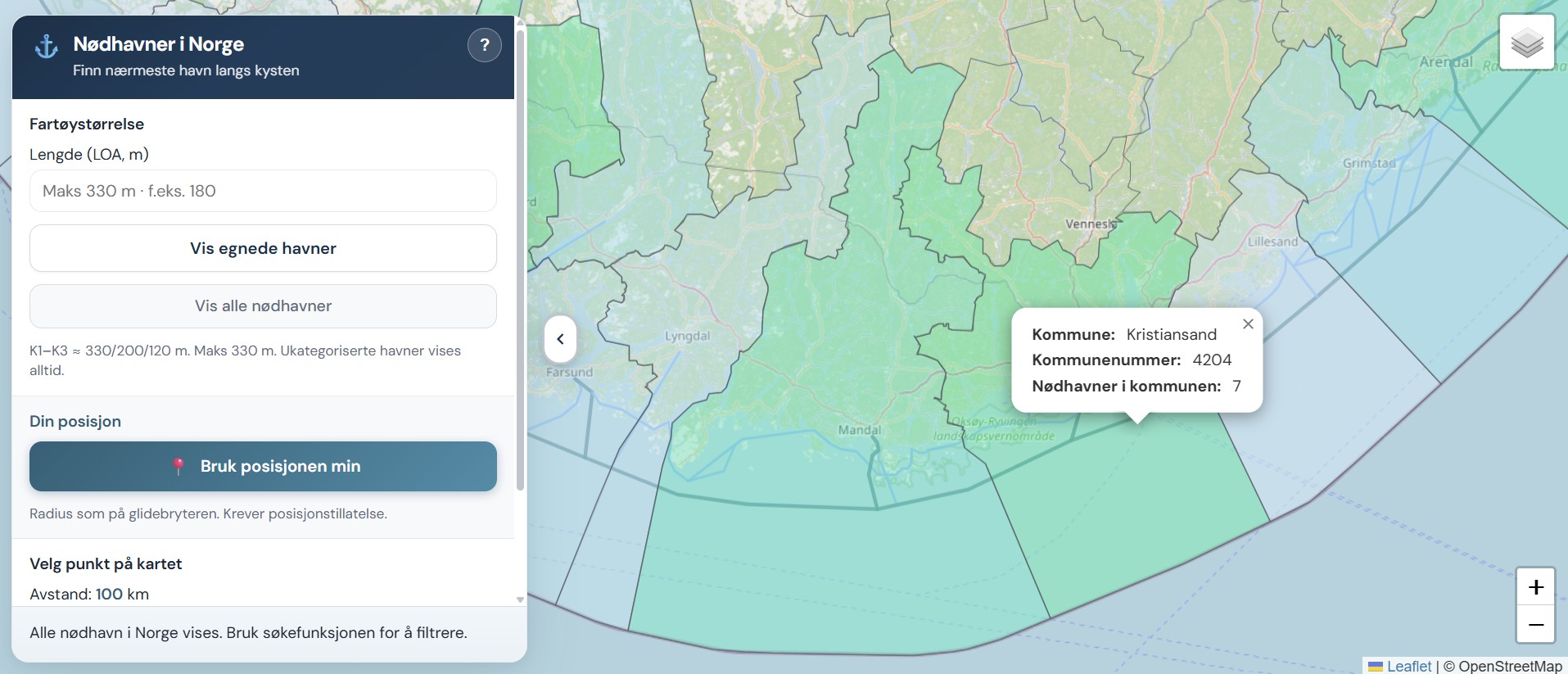 Kart som viser kommunegrenser og informasjon om Kristiansand kommune, inkludert antall nødhavner i kommunen.